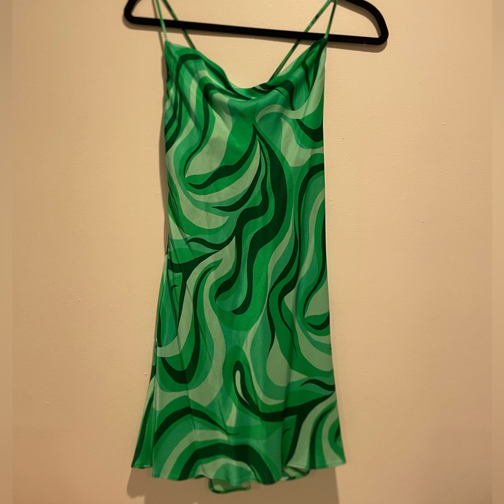 green swirl print silk dress from zara